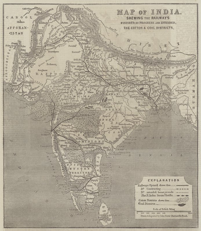 Map of India, Showing the Railways Finished, in Progress and Intended, the Cotton and Coal Districts by John Dower