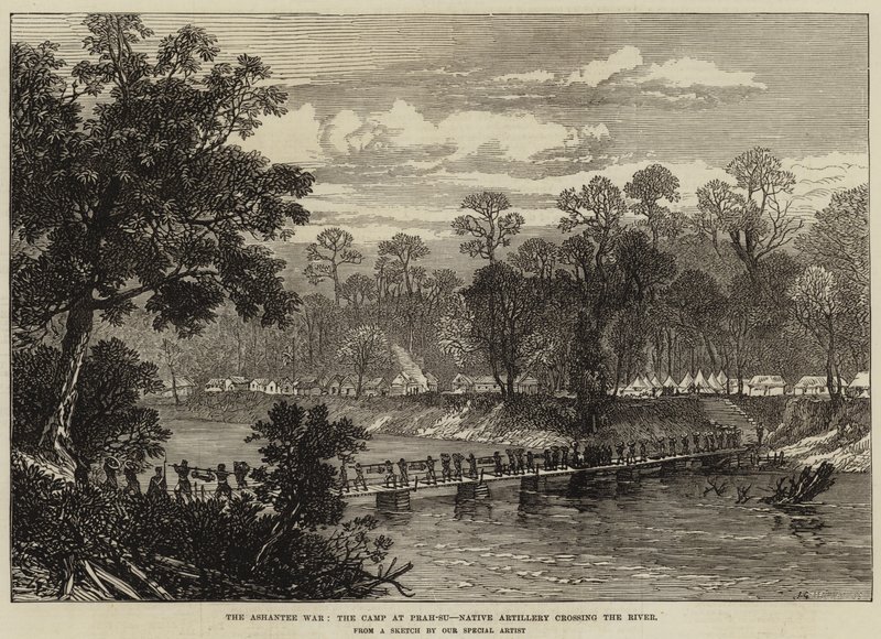The Ashantee War, the Camp at Prah-Su, Native Artillery Crossing the River by John Greenaway