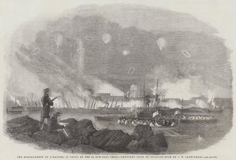 The Bombardment of Sveaborg, burning of the 60 Gun-Boat Sheds, sketched from an Opposite Rock by John Wilson Carmichael
