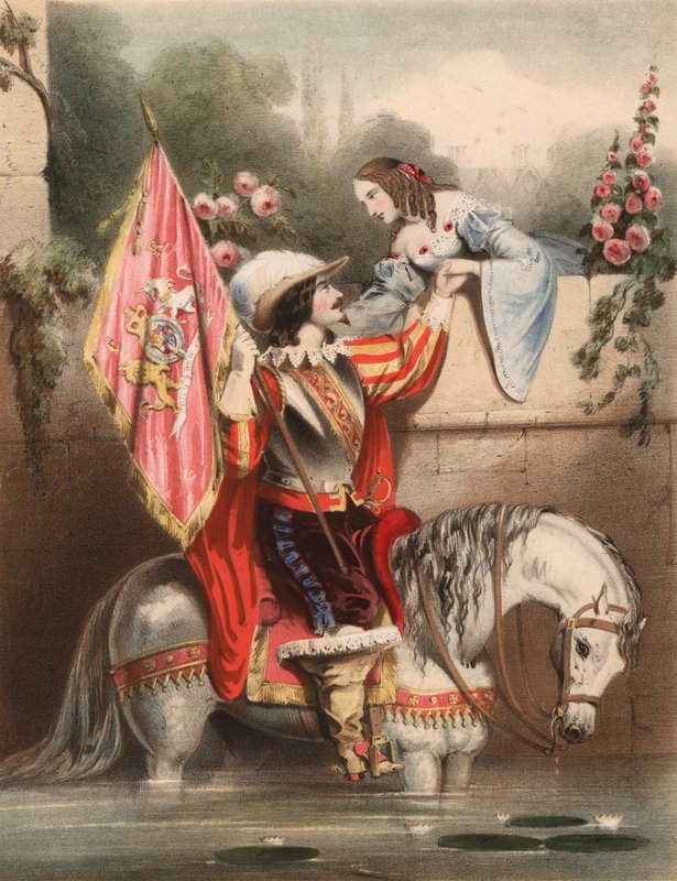 Look over the Garden Wall Kate - soldier on a white horse meeting his love by John (after) Brandard