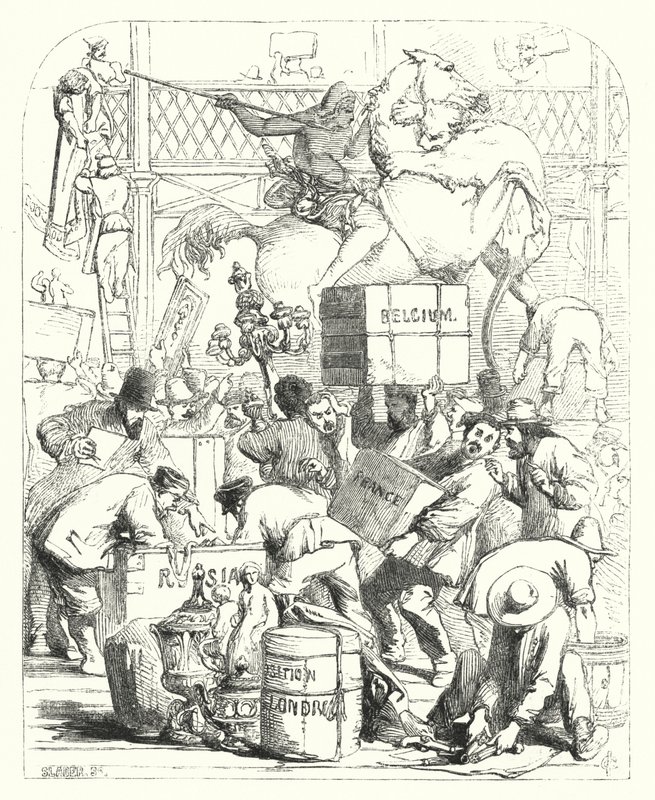 Arrival of goods to be exhibited at the Great Exhibition of 1851, Crystal Palace, Hyde Park, London by John (after) Gilbert