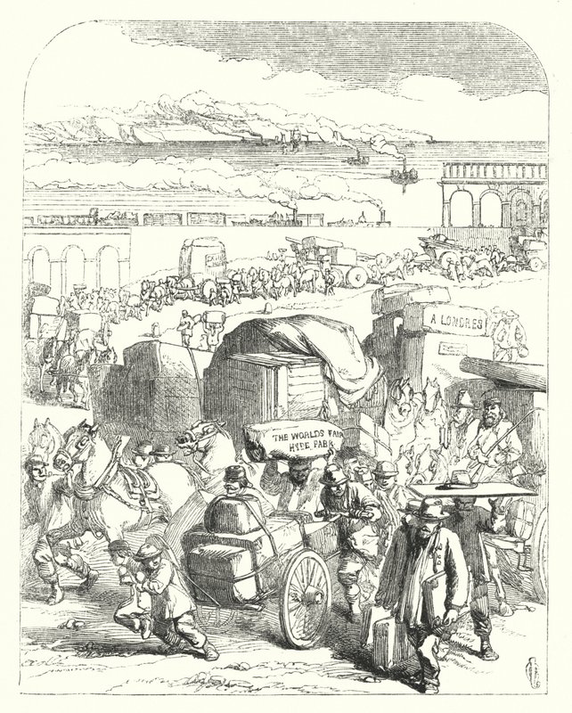 Ships and trains bringing visitors to the Great Exhibition of 1851, Crystal Palace, Hyde Park, London by John (after) Gilbert