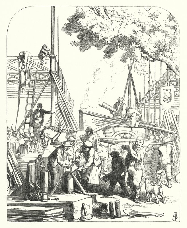 Workmen on the site of the Crystal Palace, Hyde Park, London, venue of the Great Exhibition of 1851 by John (after) Gilbert
