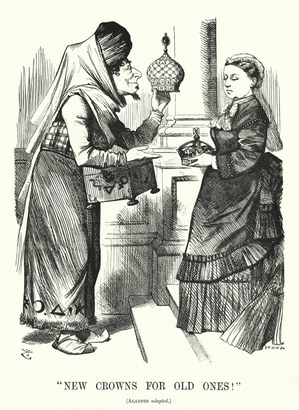 Punch cartoon: New Crowns for Old Ones. Benjamin Disraeli (as Aladdin) with Queen Victoria - the Royal Titles Act 1876 recognising the Queen as Empress of India (engraving) by John (after) Tenniel