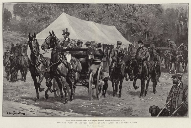 A Shooting Party at Lowther Castle, Guests leaving the Luncheon Tent by John Charlton