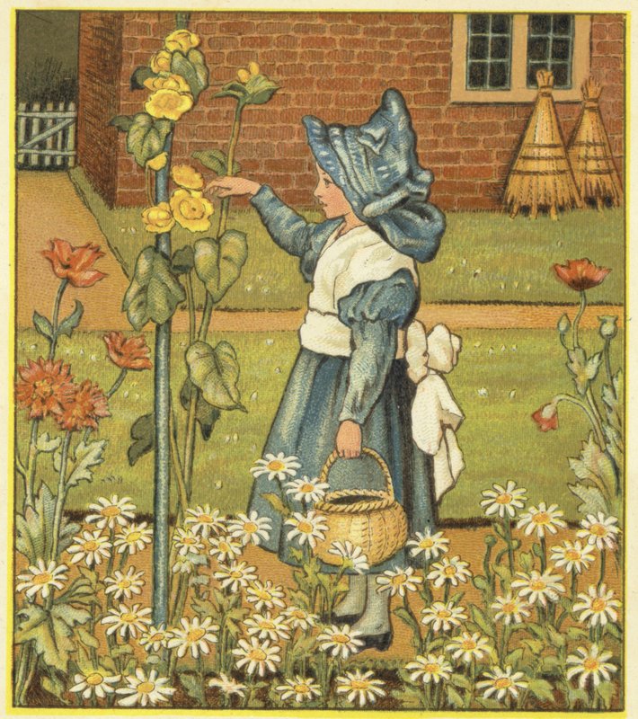 Girl in the Garden with Hollyhock, Poppies and Daisies by John George (after) Sowerby