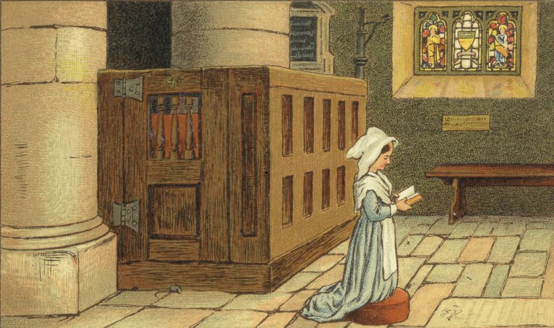 Girl praying in church by John George (after) Sowerby