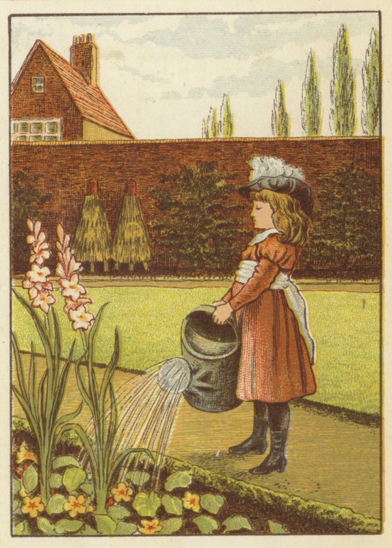 Girl watering the garden by John George (after) Sowerby