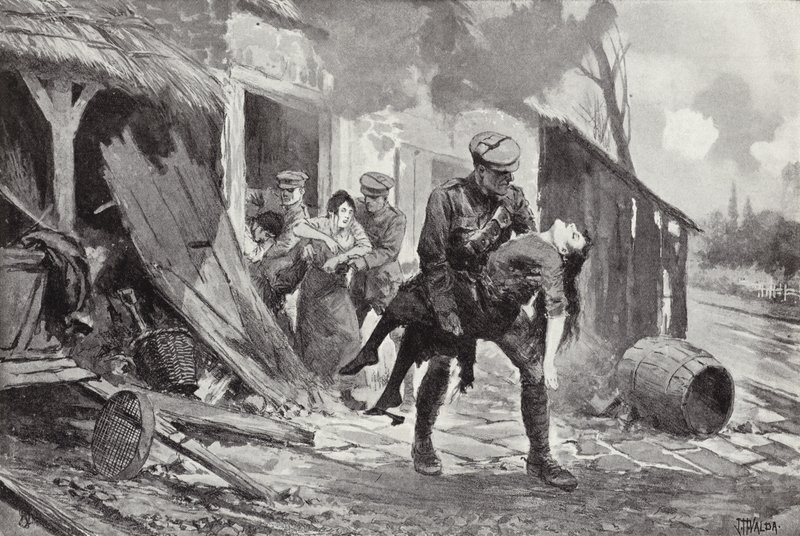 Gunner J Rafferty carrying a wounded woman to safety from a farmhouse which was being shelled, World War I by John Harris Valda