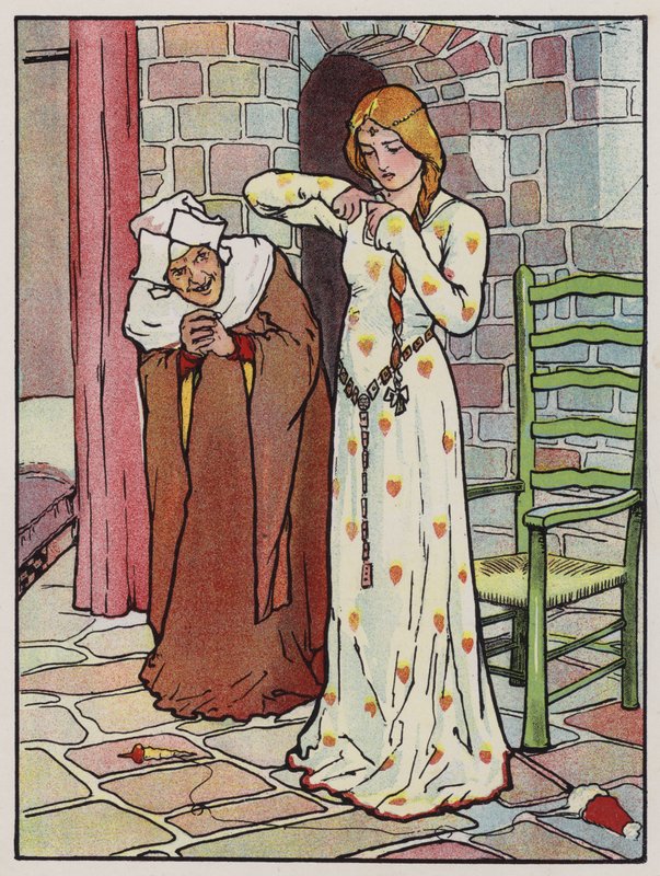 Rosanne pricks her hand with the spindle by John Hassall