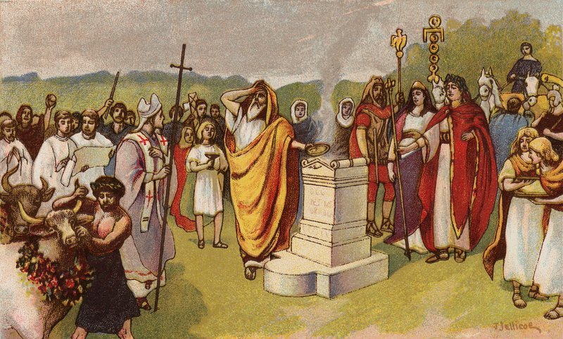 Constantine the Great offering a sacrifice as the first Christians arrive, York, 306 by John Jellicoe