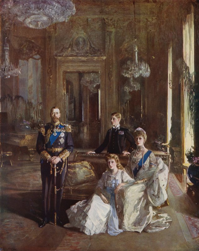 King George V, Queen Mary, the Prince of Wales and Princess Mary in the White Drawing Room, Buckingham Palace, London, 1913 by John Lavery
