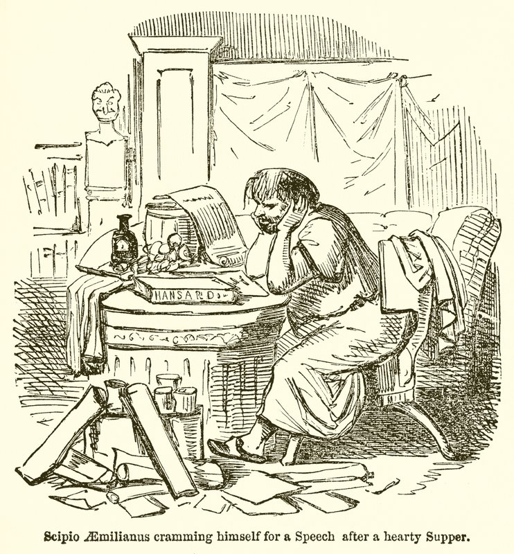 Scipio Aemilianus Cramming Himself for a Speech After a Hearty Supper by John Leech