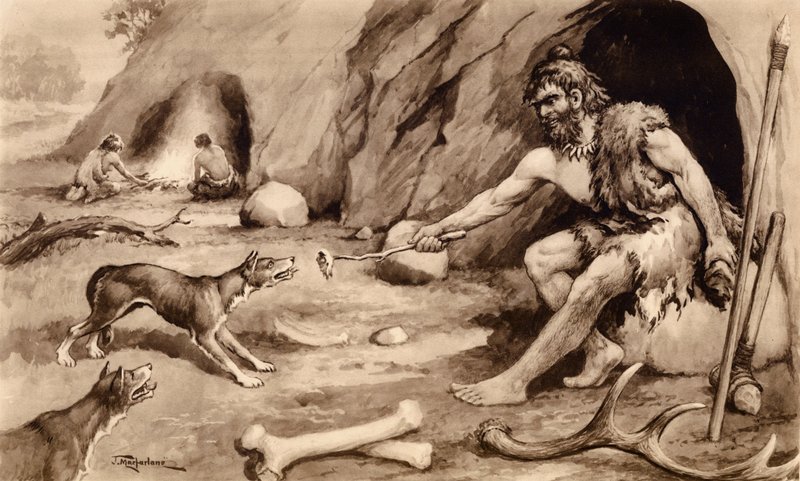 Cave man feeding dog by John Macfarlane