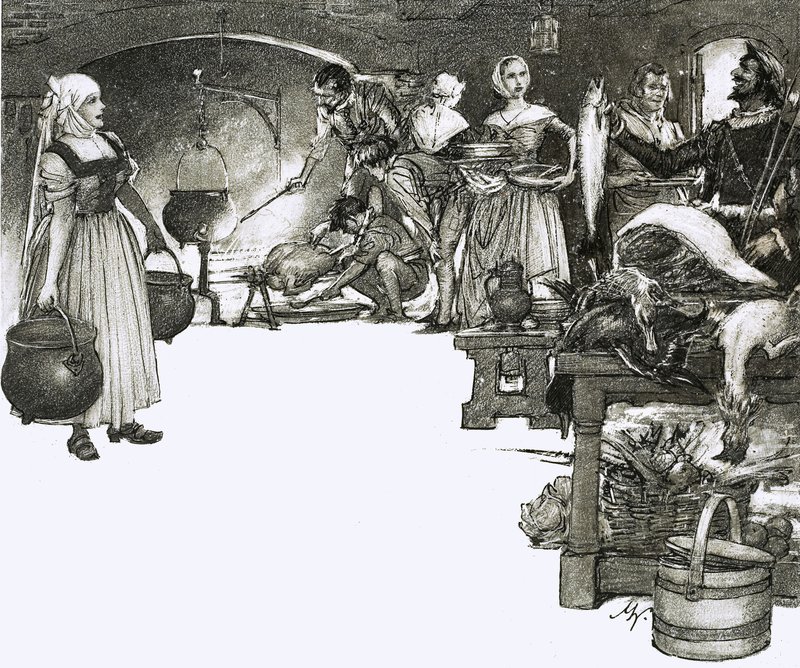 Cooking over an open fire in an Elizabethan kitchen by John Millar Watt