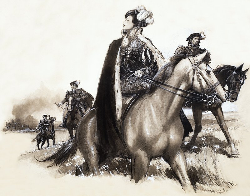 Unidentified queen leaving a smoking city under escort by John Millar Watt