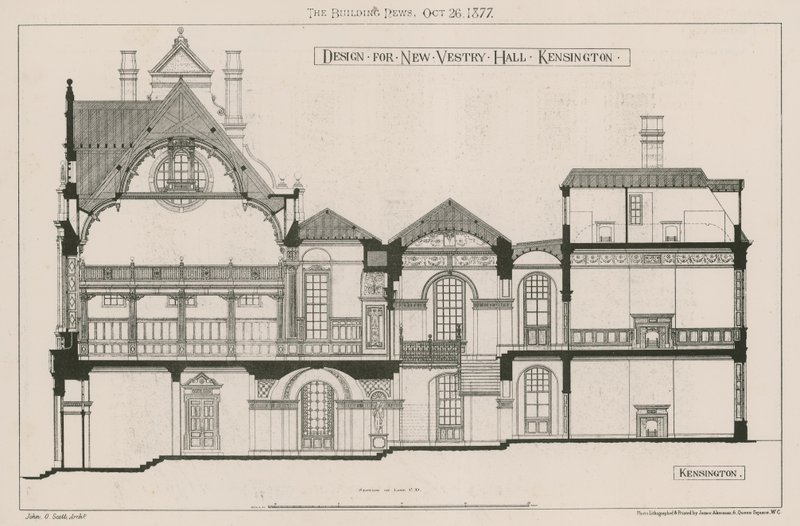 Design for New Vestry Hall, Kensington by John Oldrid Scott
