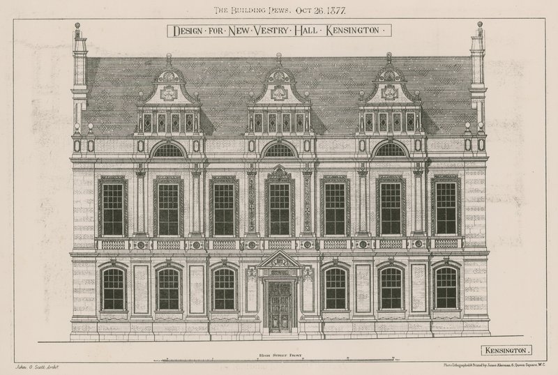 Design for New Vestry Hall, Kensington, London by John Oldrid Scott