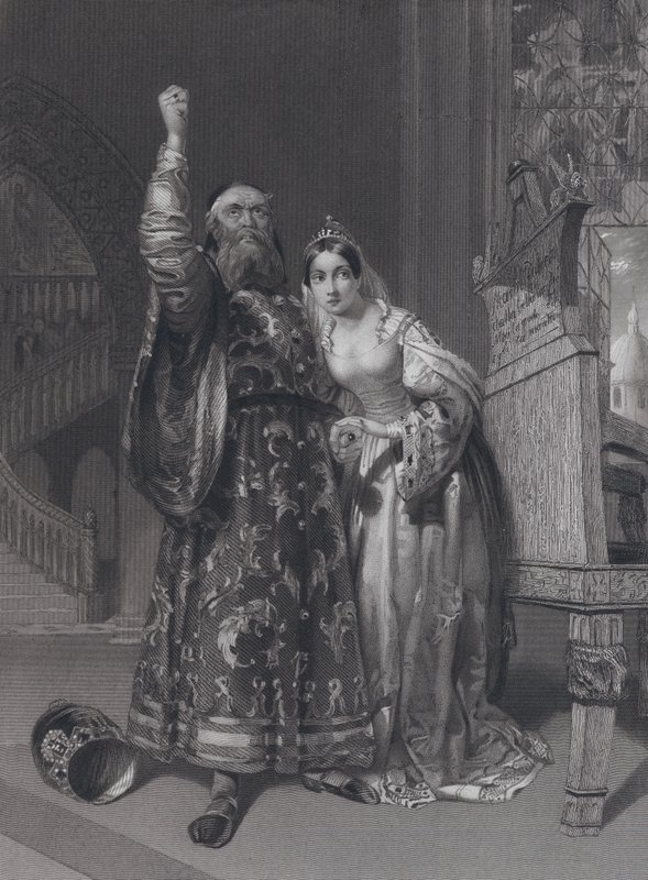 Marino Faliero, Doge of Venice, threatening vengeance for the libelling of his wife, Aluycia Gradenigo by John Rogers (after) Herbert