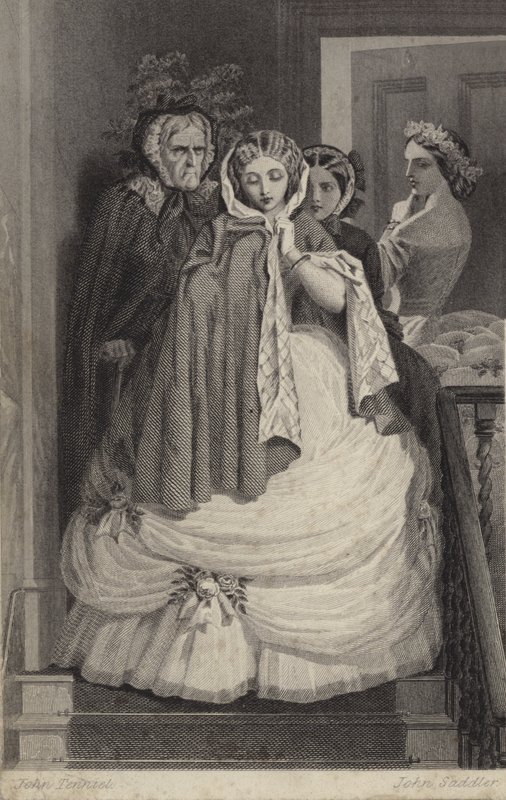 Beautiful girl, dressed for party, descending stairs by John Tenniel