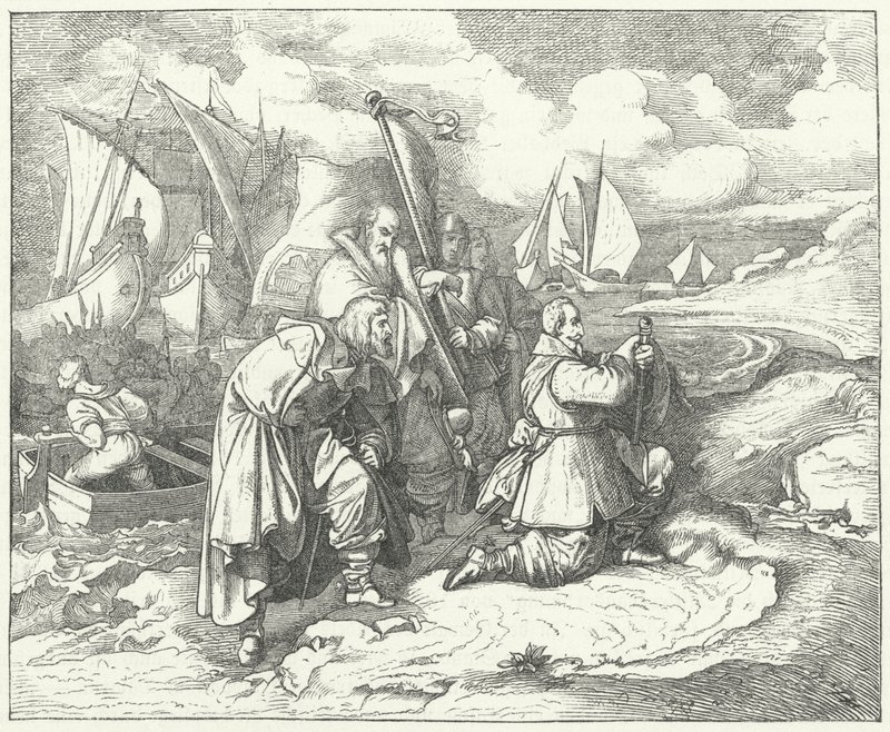 Gustavus Adolphus of Sweden lands in Germany to enter the Thirty Years War by Josef Mathias (after) Trenkwald