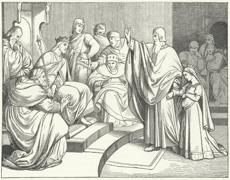 Beatrice of Hohenstaufen asking King Otto IV of Germany to avenge the murder of her father, Philip of Swabia by Josef Mathias Trenkwald