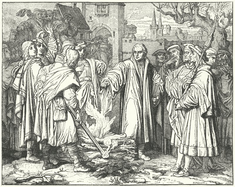 Martin Luther burning the papal bull in Wittenberg, 1520 by Josef Mathias Trenkwald