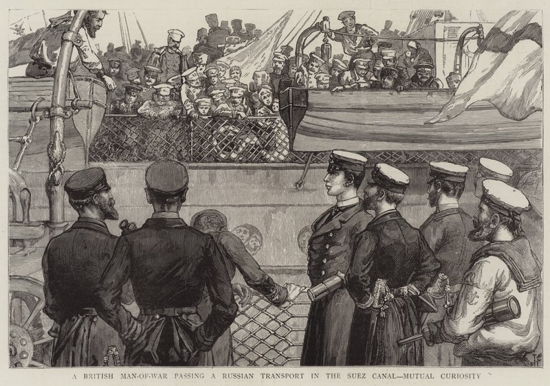 A British Man-of-War passing a Russian Transport in the Suez Canal, Mutual Curiosity by Joseph Finnemore