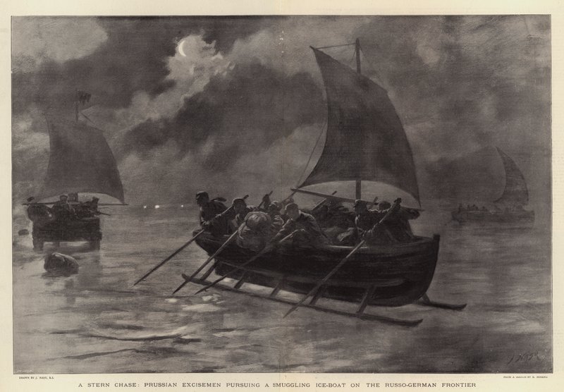A Stern Chase, Prussian Excisemen Pursuing a Smuggling Ice-Boat on the Russo-German Frontier by Joseph Nash