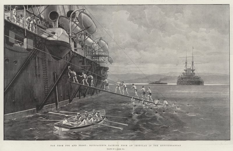 Far from Fog and Frost, Bluejackets bathing from an Ironclad in the Mediterranean by Joseph Nash