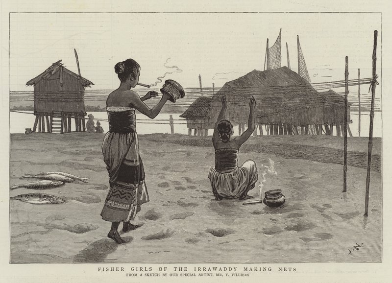 Fisher Girls of the Irrawaddy making Nets by Joseph Nash
