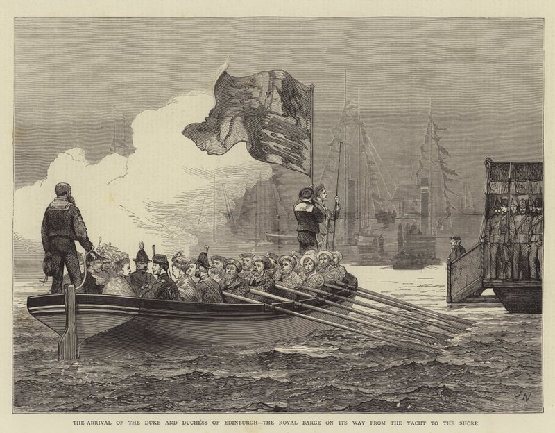 The Arrival of the Duke and Duchess of Edinburgh, the Royal Barge on Its Way from the Yacht to the Shore by Joseph Nash