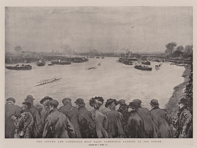 The Oxford and Cambridge Boat Race, Cambridge leading at the Finish by Joseph Nash