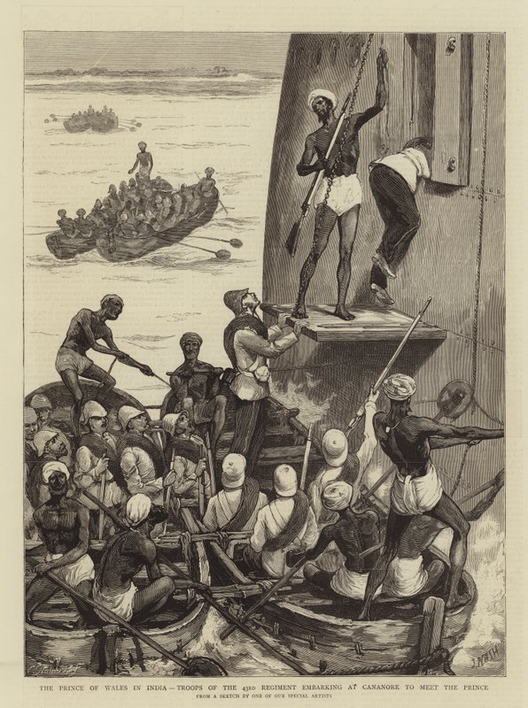 The Prince of Wales in India, Troops of the 43rd Regiment embarking at Cananore to meet the Prince by Joseph Nash