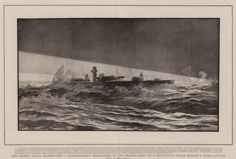 The Recent Naval Manoeuvres, a Torpedo-Boat discovered by the Search-Light of a Man-o