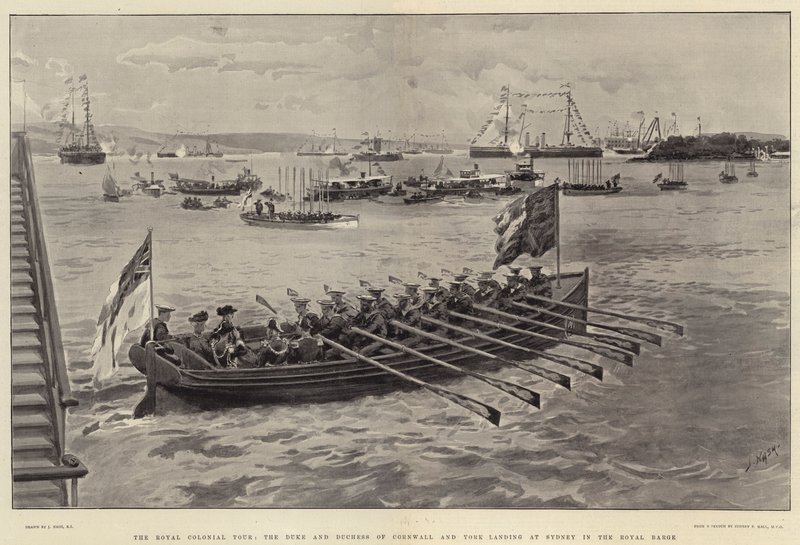 The Royal Colonial Tour, the Duke and Duchess of Cornwall and York landing at Sydney in the Royal Barge by Joseph Nash