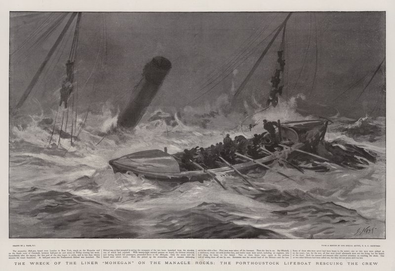 The Wreck of the Liner Mohegan on the Manacle Rocks, the Porthoustock Lifeboat Rescuing the Crew by Joseph Nash