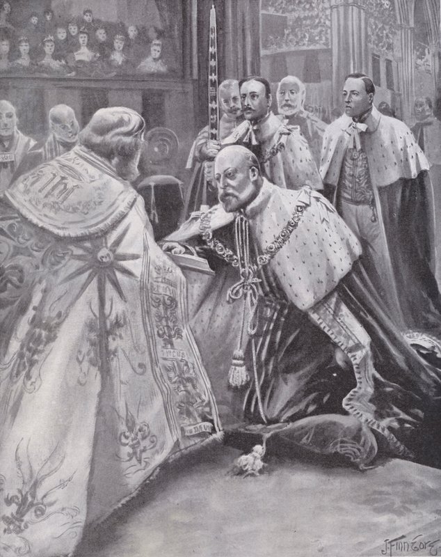 King Edward VII taking the oath at his coronation, Westminster Abbey, London by Joseph (after) Finnemore