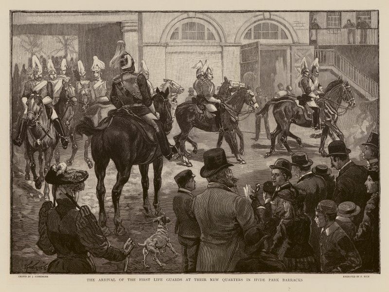 Life Guards arriving at their new barracks in Hyde Park, London by Joseph (after) Finnemore