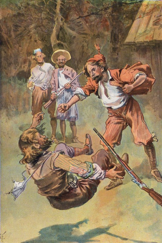 Robinson Crusoe: The Spaniard, with one blow of his fist, knocked him down by Joseph (after) Finnemore