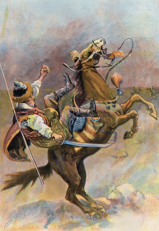 Robinson Crusoe: The horse threw down the tartar, and fell upon him by Joseph (after) Finnemore