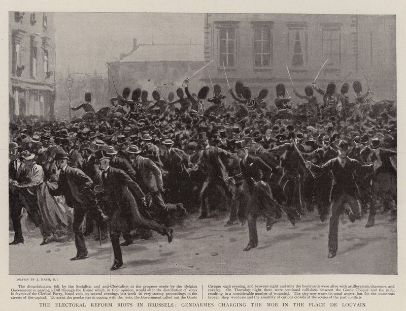 The Electoral Reform Riots in Brussels, Gendarmes Charging the Mob in the Place de Louvain by Joseph Nash