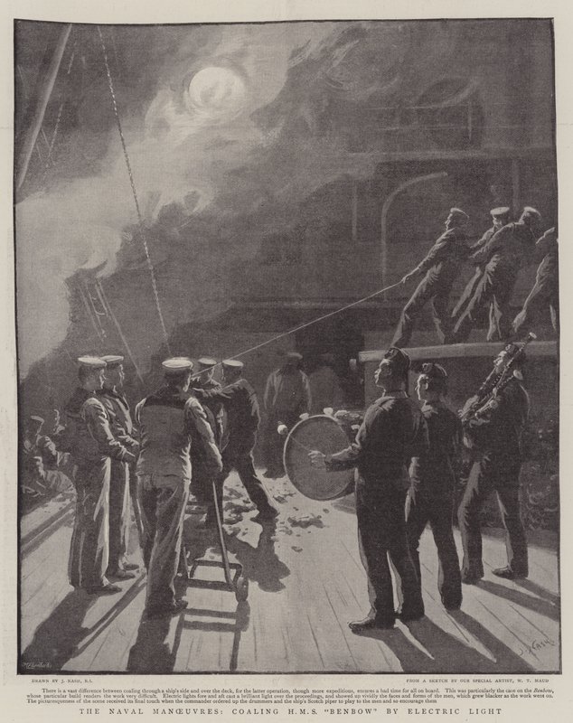 The Naval Manoeuvres, coaling HMS Benbow by Electric Light by Joseph Nash