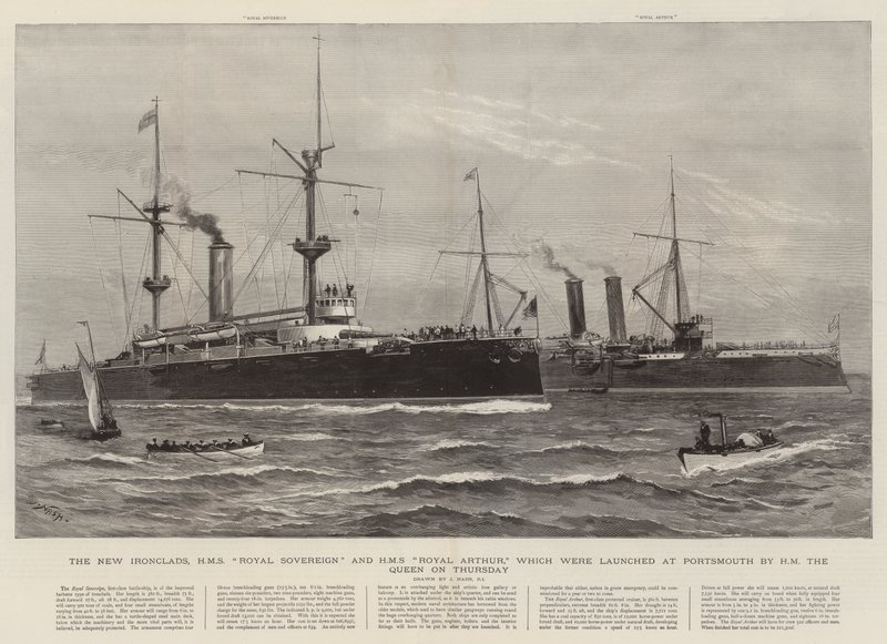 The New Ironclads, HMS Royal Sovereign and HMS Royal Arthur Launched at Portsmouth by HM the Queen by Joseph Nash