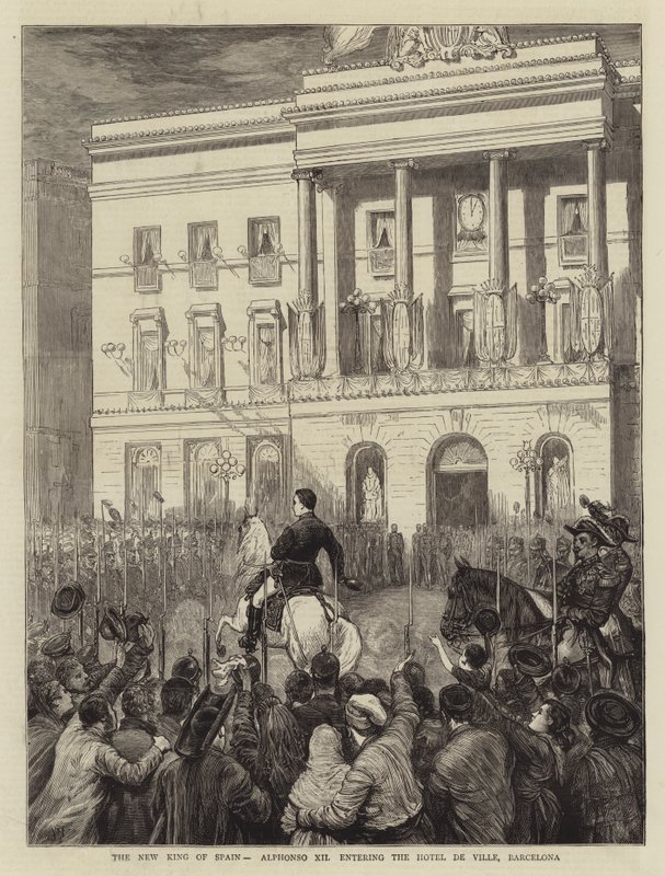 The New King of Spain, Alphonso XII entering the Hotel de Ville, Barcelona by Joseph Nash