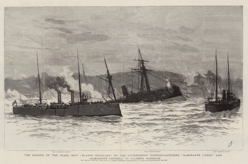 The Sinking of the Rebel Ship Blanco Encalada by the Government Torpedo-Catchers Almirante Lynch and Almirante Condell, in Caldera Harbour by Joseph Nash