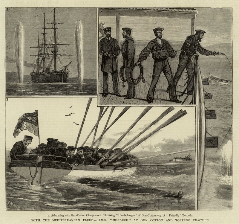 With the Mediterranean Fleet, HMS Monarch at Gun Cotton and Torpedo Practice by Joseph Nash