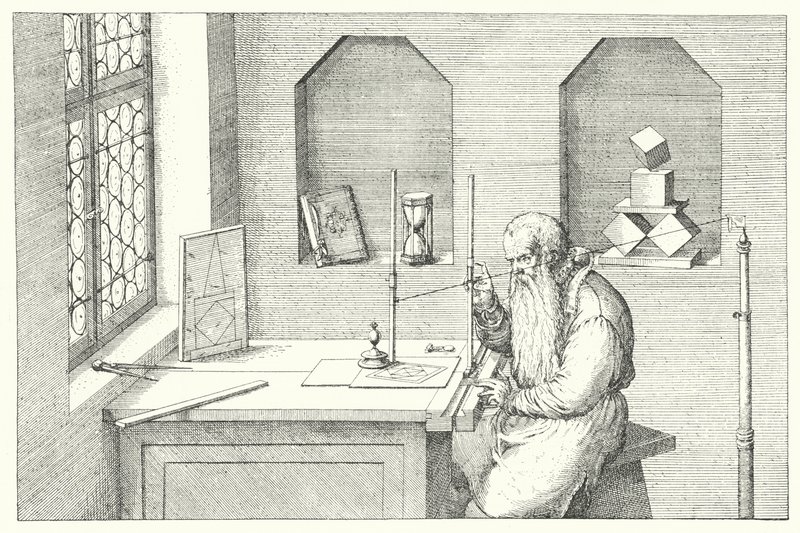 German goldsmith, artist and etcher Wenzel Jamnitzer in his studio by Jost (after) Amman