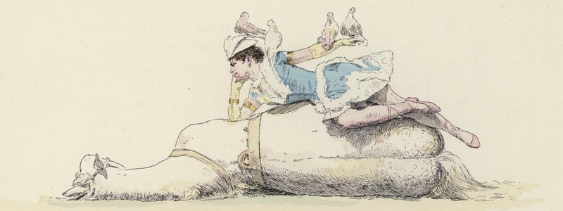 Circus performer, lying on a horse, with doves on her arm and head by Jules Arsene (after) Garnier