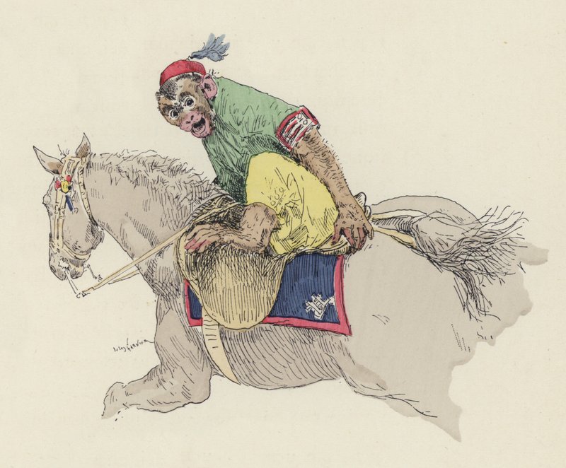Monkey riding a horse by Jules Arsene (after) Garnier